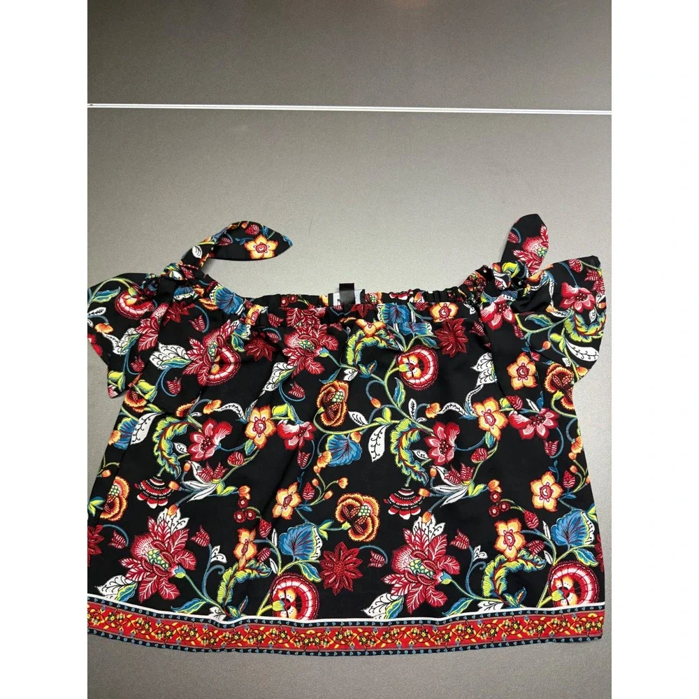By & By Floral Off The Shoulder Tie Sleeve Blouse Black Multi Color Medium‎
